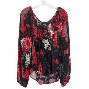 Karen Kane floral print Blouson Sleeve Peasant‎ pink black pullover Top size L